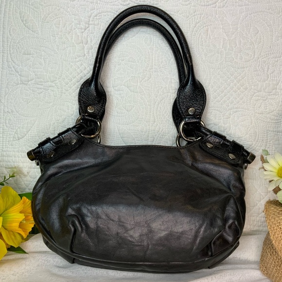 NERO GIARDINI Black Leather Handbag Patent Leather Handles with Metal Details - Picture 2 of 9